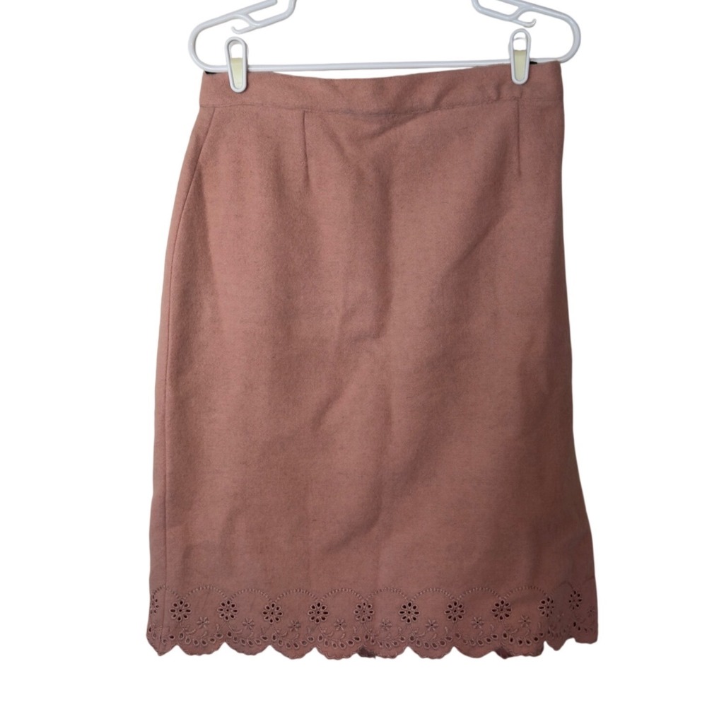 Vintage A-Line Wool Blend Midi Skirt Size 16 Eyelet Embroidery Scalloped Hem